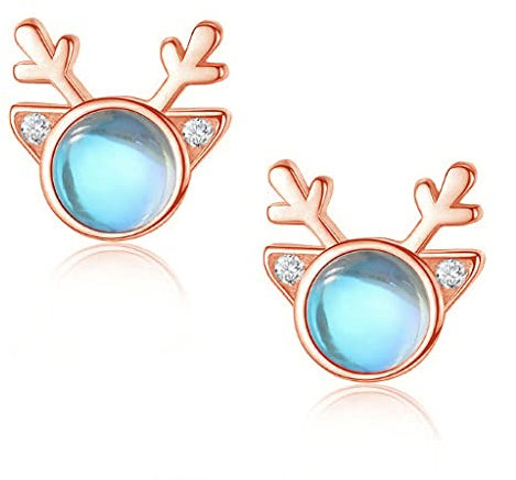 Deyanse 925 Sterling Silber Weihnachten Ohrringe Damen, Elch Mondstein Ohrstecker, Süße Schlafen Elch Mit Mondstein, 7mm Rose Gold Weihnachts Ohrstecker