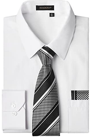 HISDERN Men's White Shirts Long Sleeve Smart Formal Plain Dress Shirt and Tie Set Business Casual Wedding Regular Fit M