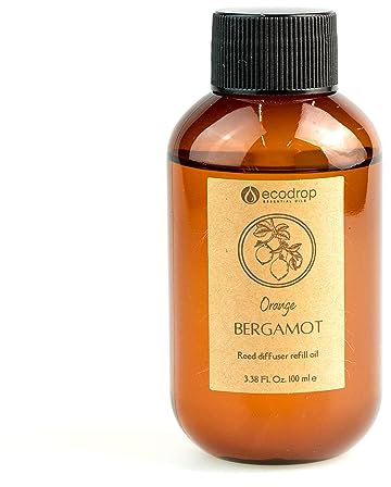 Ecodrop Bergamot Reed Diffuser Refill - 100ml Bottle | Refreshing Orange Bergamot Scented Vegan Aromatherapy Fragrance Oil Reed Diffuser Refill | Eliminate Office & Home Kitchen & Bathroom Odours