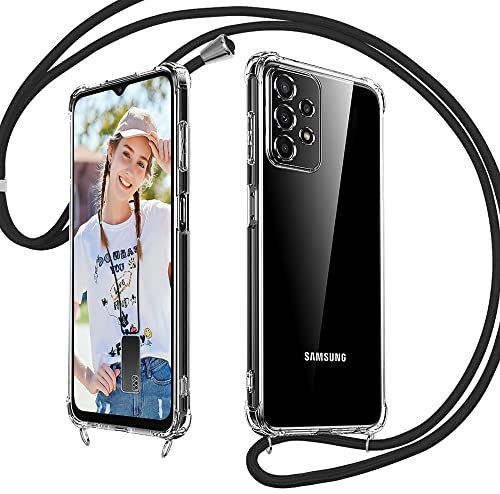 Rosyhulle Handykette für Samsung Galaxy A23 5G Hülle mit Band, Transparent Silikon Handyhülle für Samsung A23 6.6 zum Umhängen Schutzhülle mit Kette TPU Stoßfest Cover Necklace Halskette Schwarz