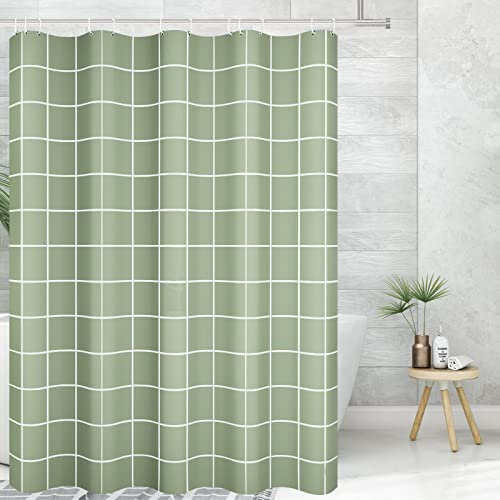 Tititex Rideau de douche minimaliste à carreaux vert sauge, ligne blanche, simple et moderne, décoration 180 x 180 cm avec crochets