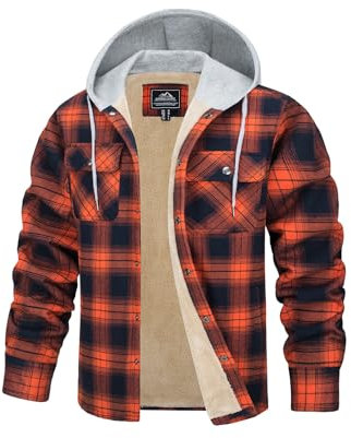 TACVASEN Men's Hooded Flannel Shirts Jacket Lined Fleece Plaid Hoodies Shirts Button Down Padded Check Lumberjack Jacket Orange,M