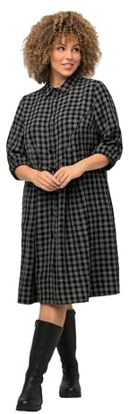 Ulla Popken Femme Grandes Tailles Robe midi à col Chemise et Manches 3/4, Ligne en A et Motif à Carreaux 821202