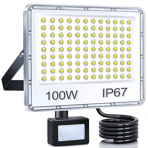 YIQIBRO Projecteur LED Exterieur Detecteur de Mouvement 100W, 10000LM 6500K Spot LED Extérieur Detecteur de Mouvement, IP67 Etanche 108 LEDs Eclairage pour Jardin, Patio, Garage, Porte