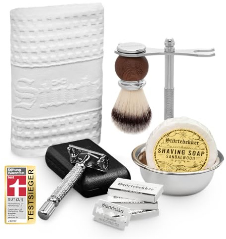 Störtebekker® Premium Genießer Set - Hochwertiges Rasierset für eine perfekte Rasur - inkl. Rasierhobel, Rasierpinsel, Rasierseife Sandelholz, Rasierschale, Rasierständer, Rasiertuch - Geschenkidee