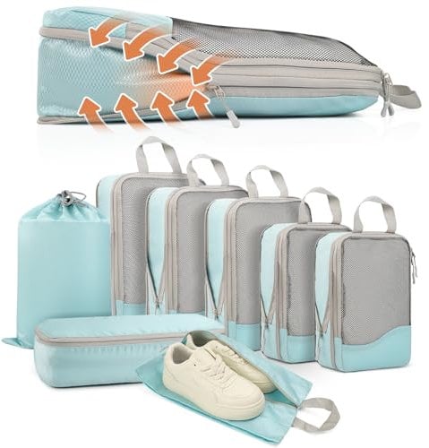 Kompressions Packwürfel Set mit Kompression Koffer Organizer Travel Organizer für Koffer und Rucksack Compression Packing Cubes Komprimierbaren Packwürfeln zur Organisation Packtaschen Set (Blue-8)