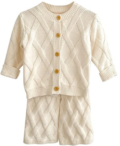 Petalum Strick-Set für Babys, Mädchen, 2-teilig, Winterkleidung, Strickjacke, Knopfleiste + Hose mit hoher Taille, mit Bommel, für Kleinkinder von 0 bis 4 Jahren, aprikose, 0-6 Monate