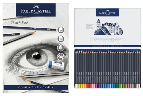 Faber-Castell Goldfaber, Colour Pencil Set, Tin Of 36 & Sketch Pad, A4, Gummed Paper Pad 100 GSM, 50 Sheets