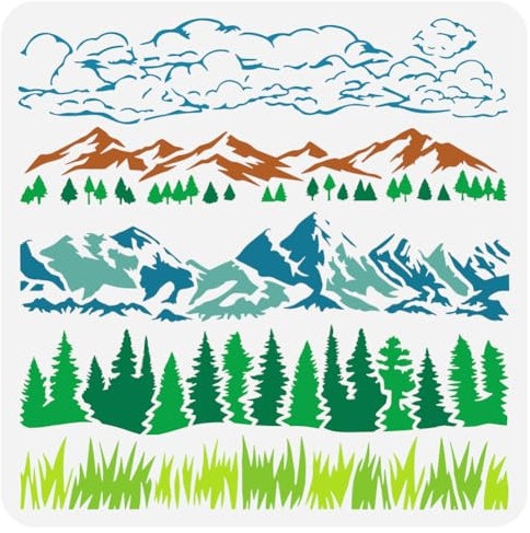 FINGERINSPIRE Natürliche Landschaftsrand Malschablone 30x30 cm Wiederverwendbar Gras Kiefern Berge Wolken Zeichenvorlage Schablone Zum Malen Auf Holz Wandpapier Möbel