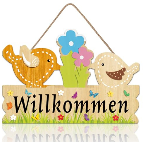 ANHUIB Willkommensschild Haustür,Türschild Willkommen,Ostern Deko für Haustür Frühling,Türschild Schild aus Holz für Frühling,Türschild Willkommen Schild Vintage Zuhause,Vogel und Blume Haustürschild