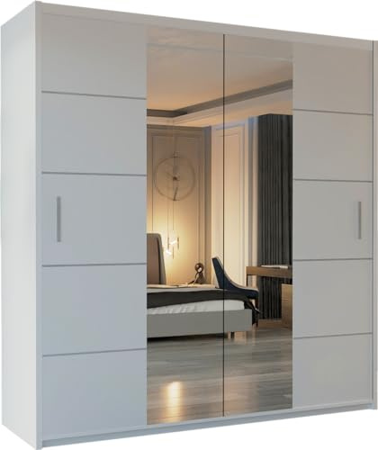 MN Furniture Sliding Wardrobe with Full Mirror Doors, Shelves & Hanging Rails, Space Saving Bedroom Storage, White Black Grey Oak (White, 120cm)