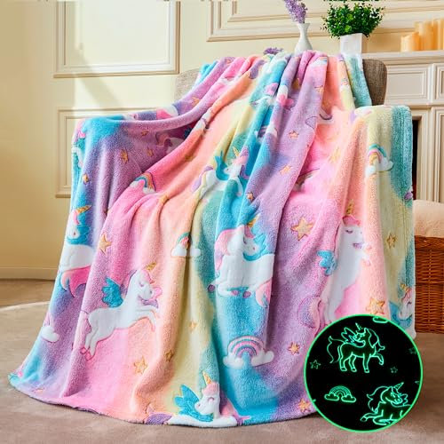 Joiedomi Decke Kuscheldecke Leuchtet im Dunkeln – Einhorn-Geschenke und Spielzeug für Mädchen im Alter von 2 bis 12 Jahren – Weiche, gemütliche Flanell-Kinderdecke – Geburtstagsgeschenk 50×60