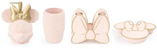 Disney Minnie Mouse Badezimmer-Organizer-Set – 4-teiliges rosa Zubehör inklusive Seifenspender aus Harz, Seifenschale, Zahnbürstenhalter und Becher – Badezimmer-Dekor