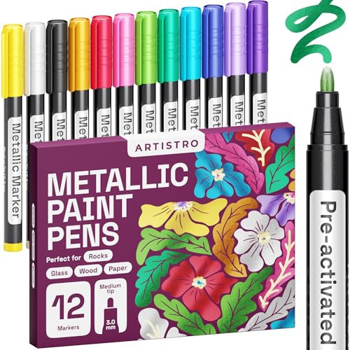 Artistro 12 Metallische Marker, Mittlere Spitze, Metallic-Marker für Weingläser, Steinmalerei, Schwarzes Papier, Scrapbooking, Kartengestaltung, DIY-Fotoalbum, Keramik