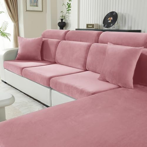 CYCMACO Samt Sitzkissenbezug, Stretch Sofa Sitzkissenbezug rutschfest, Universal Sofa Überzug Wohnzimmer, Elastischer Kissenbezüge, Waschbare(Chaiselongue, Rosa)