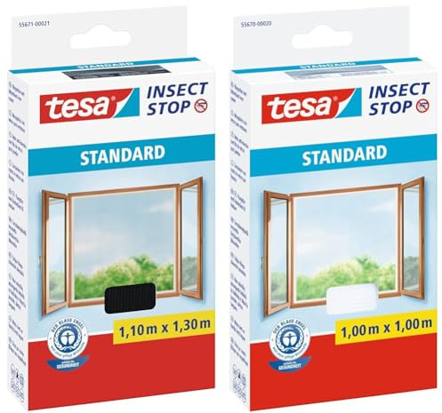 tesa Insect Stop STANDARD Fliegengitter für Fenster & Insect Stop STANDARD Fliegengitter für Fenster - Insektenschutz zuschneidbar - Mückenschutz ohne Bohren - 1 x Fliegen Netz weiß - 100 cm x 100 cm