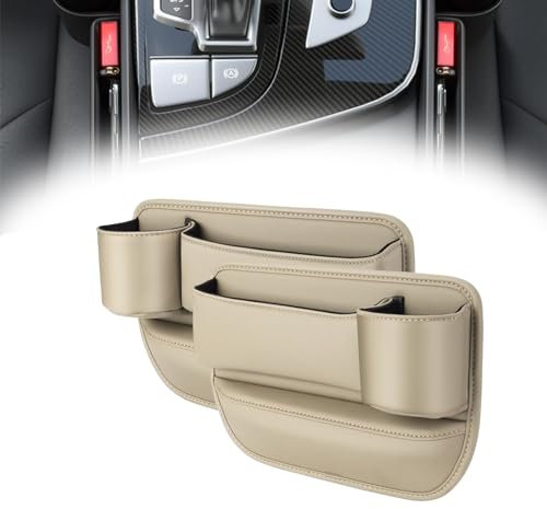 Samsaner Car Leather Cup Holder Gap Bag, Car Seat Gap Filler, Car Seat Gap Filler Organizer, No Logo Leather Car Seat Storage Box with Water Cup Holder (Beige-Double)