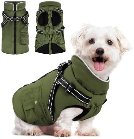 Woiil Hundemantel für Kleine Hundemantel Winter Wasserdicht Warme Hundejacke Winddichter Wintermantel kuschelige Reflektierend Hundejacke Ärmellose mit Geschirr Outdoor Armeegrün S