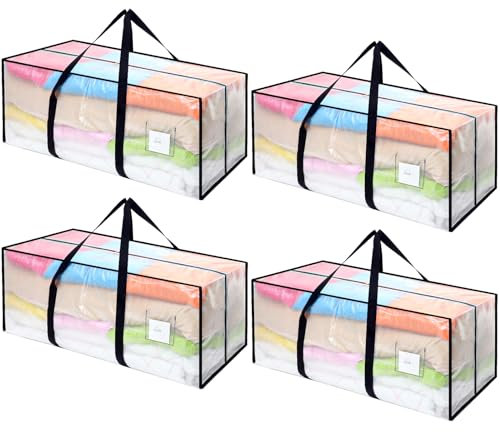Dntorx 4 Stück 120L Aufbewahrungstasche, Heavy-Duty Umzugstaschen Transparente Umzugskartons Große mit Reißverschluss Griff Faltbar Aufbewahrungsbox für Umzug Camping Bettwäsche Kleidung Aufbewahrung