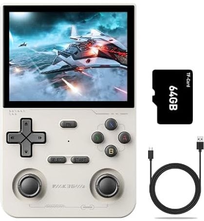 K36 Handheld Game Console, Retro Handheld Video Game Console 3.5 Inch IPS Screen Open Source Linux System Built-in 16000+ Games, 64G TF Card (Grey)