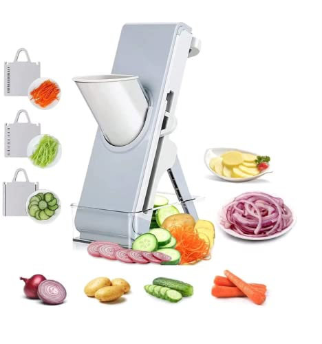 Mandoline and Julienne Slicer,for Vegetables Cutting Frozen Meal or Sausages Veggie Cutter,Thickness Adjuster Multi Blades,Safe Slicer with Container (Gray)
