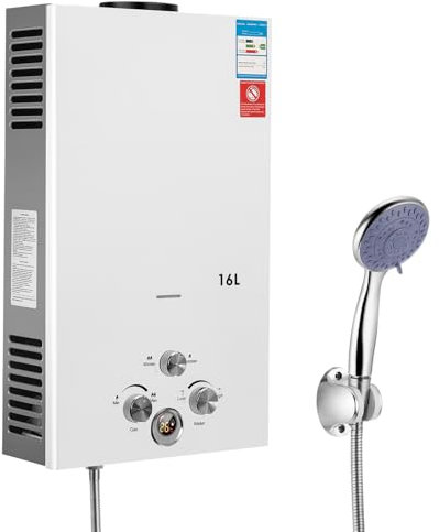 16L Gas Water Heater LPG Tankless Hot, Portable Instant Water Heater, Propane Gas w/Shower Kit with Shower Head, for Camping/Travel/Houseboat/Home, 32kw