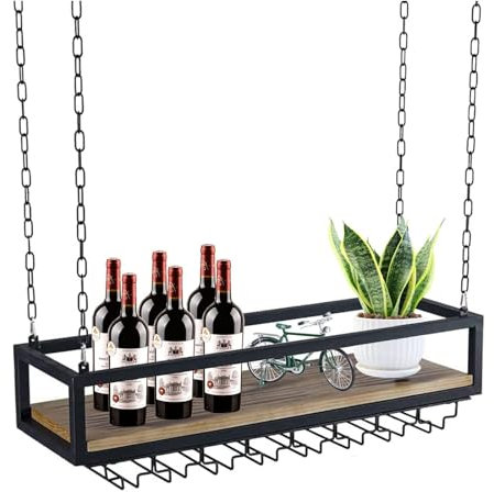 Hanging Plant Stand - Ceiling Wine Rack, Ceiling Hanging Display Stand, Single Layer Bar Floating Shelves, Inverted Iron Solid Wood Wine Glass Holder, Retro Storage Rack With Chain ( Size : 60*25*100c