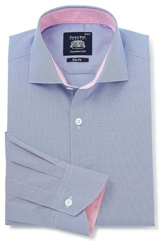 THE SAVILE ROW COMPANY LONDON Men's Slim Fit Poplin Smart-Casual Shirt, Navy Micro Check, XL