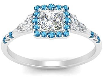 CaratYogi Halo Edwardianischer Verlobungsring Sterling Silber Natur Blau Topas Prinzessinenform Zierliche Verlobungsringe Zinkeneinstellung Größe 66 Geburtsstein