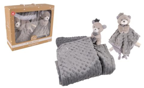 DODO D'AMOUR - Set Kuscheltier Decke und Tuch - Bär - 053241 - Grau - Kuscheltier - Geburt - Plüschtier - Baby - Beruhigend - Weich - Waschbar - 29 cm x 22 cm - Ab 0 Monaten