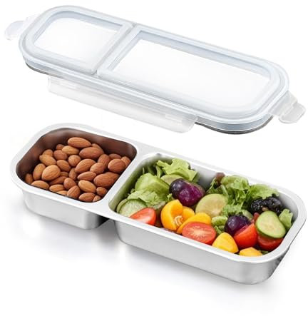 Ugotit Snack Box with Compartments, Leak-Proof Snack Containers with Airtight Lids, Stainless Steel Food Storage Containers Reusable Bento Lunch Box (Gray, 700ml)