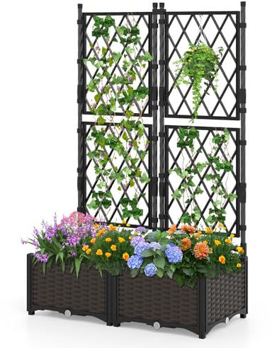 RELAX4LIFE Fioriera con Grigliato da Giardino, Vaso per Piante Rampicanti da Patio con Fori Inferiori & Sistema di Autoirrigazione, Doppia Cassa di Piantagione per Viti per Terrazza, Nero