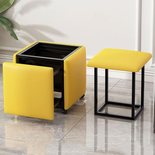 YCKEGEW Esszimmerstühle Hocker 5-in-1-Nesthocker Ottomane Mit Lenkrollen, 45 X 45 cm, Gepolsterte Sitzfläche Aus Leder Stapelbarer Hocker Fußstütze Für Sofa(Yellow)