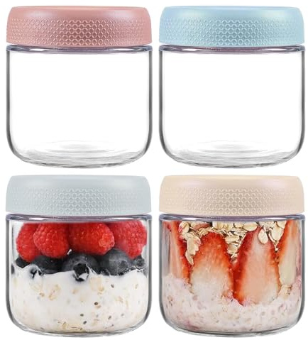 Calenxy 4 x Overnight Oats Gläser, 300ML Meal Prep Gläser mit Schraubdeckel Overnight Hafergläser Luftdichte, Stapelbarer Glasbehälter für Müsli Joghurt Müsli Joghurt Smoothie Chia Pudding To Go Glas