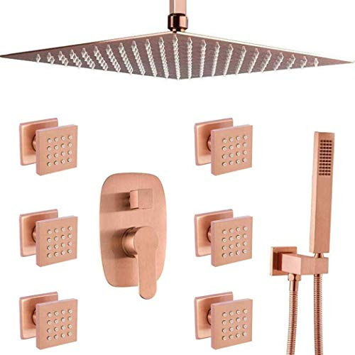 Sistema de Ducha de Lluvia de latón para baño, de 10 a 12 Pulgadas, con Montaje en Techo, con 6 chorros de Agua y Mezclador, Juego de Ducha de Lujo en Oro Rosa cepil,12 Inch