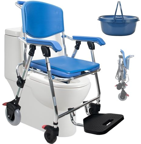 BOVDC Sedia Comoda WC per Anziani con Rotelle | 3-in-1 Sedia a Rotelle con WC per Anziani Pieghevole, Blu Sedia Doccia Disabili con Ruote, Lega di Alluminio Impermeabile