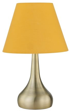 Antique Brass Touch Operated Table Lamp or Bedside Light, Modern Design, Height 33cm, Ochre Yellow Shade, LED Compatible