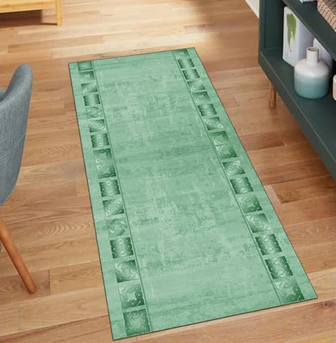 QQrunner Alfombra vintage para pasillo, antideslizante, lavable, 80 x 400 cm, alfombra de cocina, por metros, color verde, pasillo