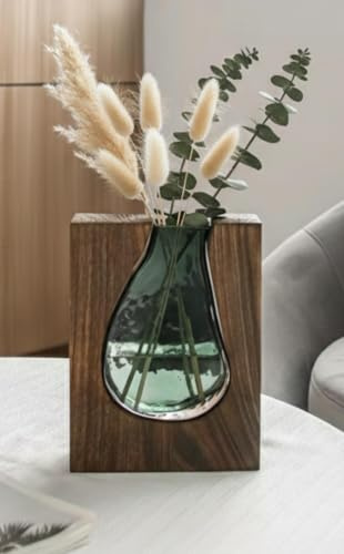 Vase mit massivem Holzrahmen - handgefertigte - Rustikale & Moderne Tischdeko - jedes EIN Einzelstück aus Echtholz und Kristalglas - 24 cm hoch