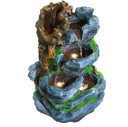 Outdoor Water Fountain with LED Lights,Resin Cascading Waterfall Feature,22.8Inch Garden Patio Decor for Outdoor/Indoor Use