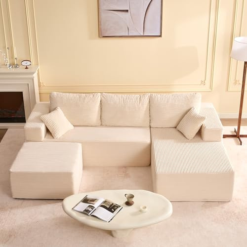 Litbird U-förmiges modulares Ecksofa 272 cm mit Schlaffunktion, rahmenloses Oversize Schlafsofa mit Chaiselongue Links, extra Tiefe Sitzfläche, montagefrei – für Wohnzimmer & Schlafzimmer,Beige