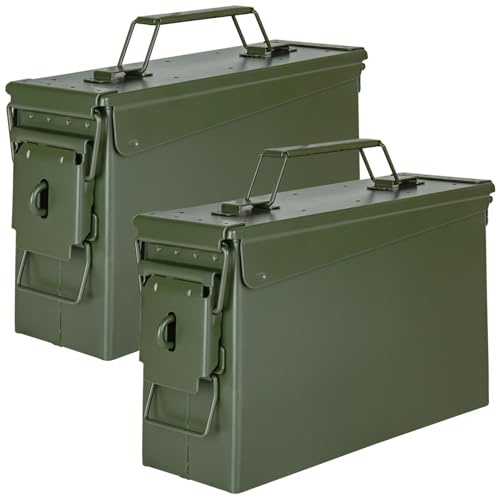Trucky Munitionsbox Ammo Box Metallkiste Munitionskiste Metallbox | Set 2x 28x10x18 cm, Grün, Aufbewahrungsbox mit Deckel, Army, Metall