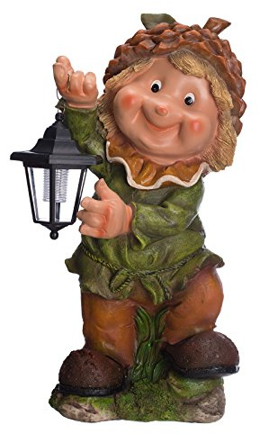 Sarah B Großer Gartenwichtel mit Solarlampe NF12168-4, riesig 53 cm hoch, Gartenfigur, Deko Kinder Wichtel mit LED Solar Lampe, Dekorationsfigur für Innen und Außen, Polyresin, Gartendekoration,