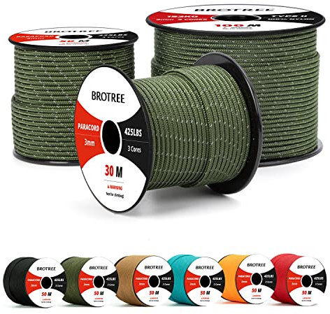 Brotree Paracord 3mm 30M 100% Nylon Seil Schnur Typ II Paracord 425 mit 3 Kern für Survival, Outdoor, Armband, Basteln - Bruchlast 192kg (Reflektierende Armee Grün)