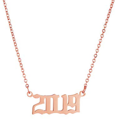 AFSTALR Collier Femme Collier Or rose Prénom Personnalisé Nom Année Numéro Pendentif Or rose Cadeau Unique, Collier Or rose 2019