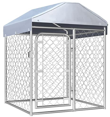 vidaXL Outdoor Dog Kennel with Roof Lockable Latch System Chain-link Mesh Sidewalls Pet Puppy Cage House Animal Shelter Silver Galvanized Steel