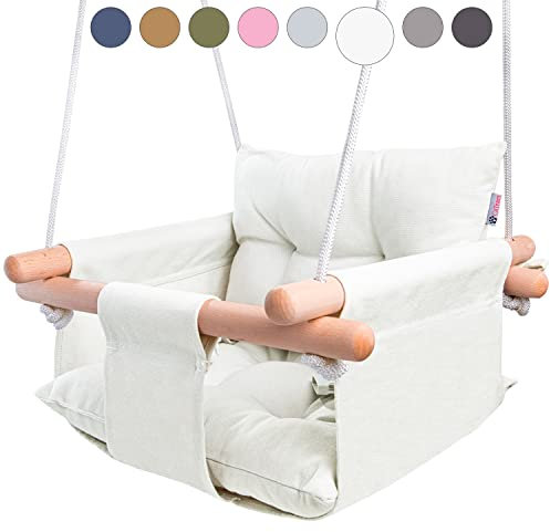CaTeam - Altalena per Bambini in Tela, Sedia Altalena Sospesa in Legno con Cintura di Sicurezza, Sedia per Amaca Resistente, Altalena per Esterni e Interni per Bambini, Avorio