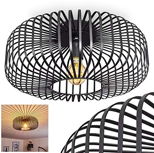 HOFSTEIN Deckenleuchte Wemude, Deckenlampe aus Metall Lampe Wohnzimmer - Modern Schwarz 1-flammig - E27-Fassung, Rund, 40 cm Durchmesser, Gitteroptik für Spannender Lichteffekt - Retro Vintage Design