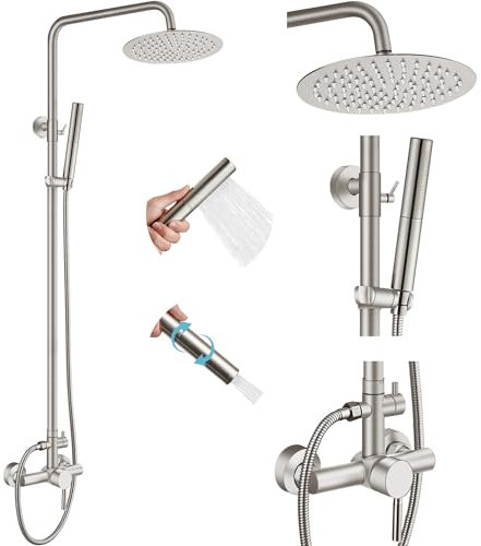 Midanya Outdoor Shower Fixture Set Brushed Nickel 8 Inch Rainfall Shower Head with 2 in 1 Cylinder Handheld Spray Wall Mount Adjustable Slide Bar SUS 304 Stainless Steel One Handle Shower Faucet