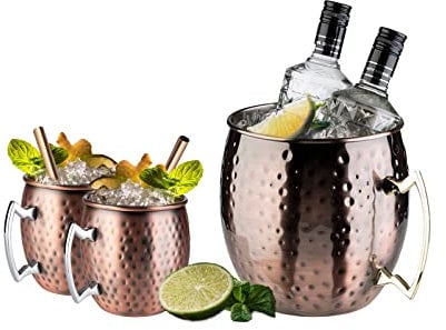 Moscow Mule Cocktail Set, Flaschenkühler und 2x Becher in Kupfer antik